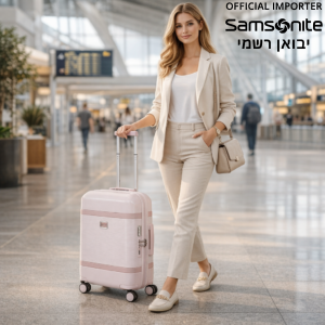 אישה עם מזוודת Samsonite ורודה בשדה תעופה מודרני