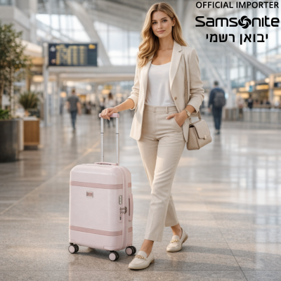 אישה עם מזוודת Samsonite ורודה בשדה תעופה מודרני