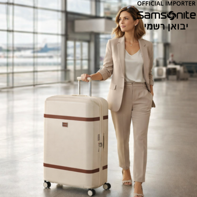 מזוודת Samsonite Image Spinner 81cm צבע Ivory עם דוגמנית בשדה תעופה