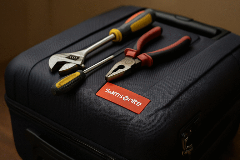 מזוודה קשיחה של Samsonite עם כלי עבודה עליה, המסמלת תיקון מזוודות מקצועי במעבדה מורשית.