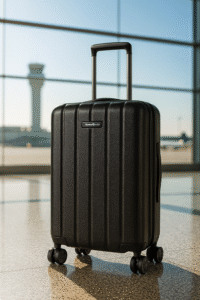 מזוודת סמסונייט יוקרתית על רקע של שדה תעופה