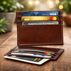 ארנק כרטיסים מעור חום איכותי עם כרטיסי אשראי בינלאומיים על רקע עץ טבעי