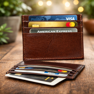 ארנק כרטיסים מעור חום איכותי עם כרטיסי אשראי בינלאומיים על רקע עץ טבעי