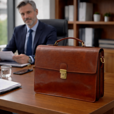 תיק עסקים מעור חום יוקרתי עם סגירת מתכת מוזהבת על שולחן משרד מנהלים
