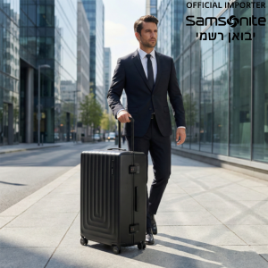 איש עסקים לבוש חליפה ועניבה צועד ברחוב מודרני עם מזוודת סמסונייט פוליקרבונט שחורה.