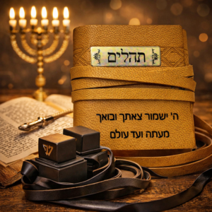 תהילים מעור עם חריטה אישית על רקע מנורה וספר קודש – מתנה יהודית עם קדושה ומשמעות