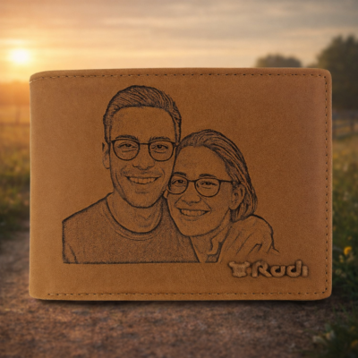 ארנק עור חום עם חריטת לייזר של זוג מחייך בהתאמה אישית