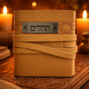 תהילים מעור מהודר עם רצועת כריכה בעבודת יד על רקע נרות לאווירה רוחנית