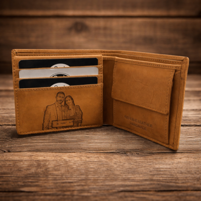 ארנק עור לגבר בצבע חום פתוח עם חריטת זוג, תאי כרטיסים ורקע עץ חמים