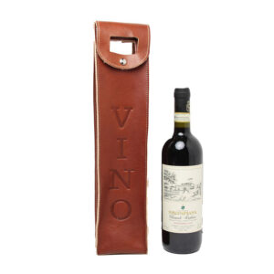 מארז עור יוקרתי לבקבוק יין בצבע חום קלאסי עם הכיתוב VINO ובקבוק יין לצדו.