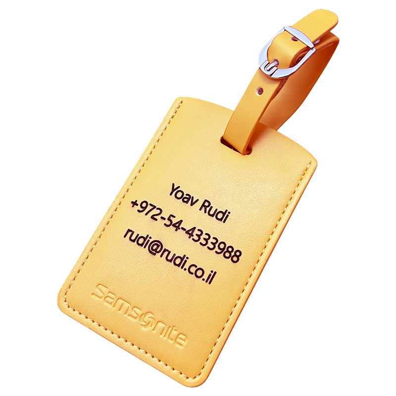 תג Samsonite צהוב עם חריטה אישית - Yoav Rudi, +972-54-4333988, rudi@rudi.co.il