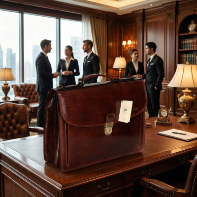 תיק עור חום יוקרתי על שולחן עבודה מעץ במשרד עורכי דין עם אנשי עסקים ברקע