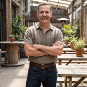 גבר חייכן בעל שפם כידון (handlebar) מטופח עומד בפטיו כפרי שטוף שמש. הוא לובש חולצת פשתן חומה קצרת שרוולים, ג'ינס כהה וחגורת עור חומה עם אבזם פליז.