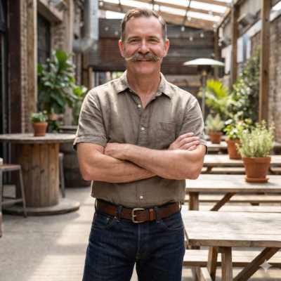 גבר חייכן בעל שפם כידון (handlebar) מטופח עומד בפטיו כפרי שטוף שמש. הוא לובש חולצת פשתן חומה קצרת שרוולים, ג'ינס כהה וחגורת עור חומה עם אבזם פליז.