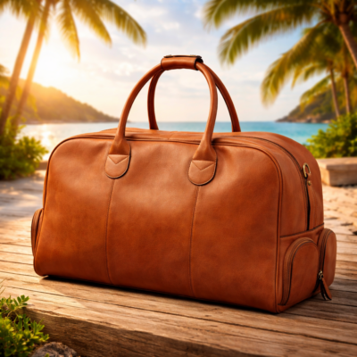 תיק נסיעות מעור איטלקי בצבע קאמל על רקע חוף ים עם דקלים ושקיעה