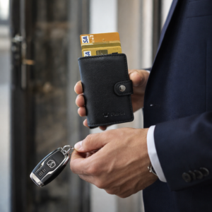 גבר אלגנטי אוחז בארנק עור שחור עם כרטיסי אשראי ומפתחות רכב, רגע לפני יציאה