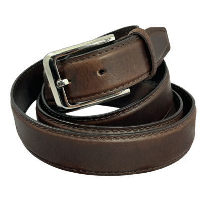 חגורת עור חומה לגבר 100% עור אמיתי עם אבזם כסף