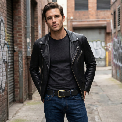 גבר צעיר במראה אורבני אופנתי לובש ז'קט עור שחור וחגורת עור שחורה עם אבזם ברונזה מעוצב על רקע סמטה עירונית.