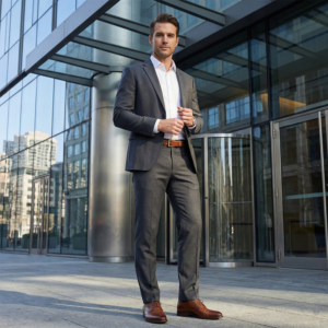 גבר אלגנטי בחליפה אפורה וחגורת עור חומה עם אבזם זהוב, עומד בחזית בניין משרדים מודרני.