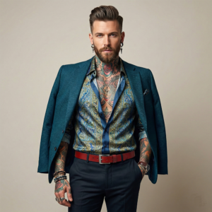 גבר מטרוסקסואלי אלגנטי עם קעקועים, לבוש בז'קט טורקיז וחגורת עור אדומה מרשימה.