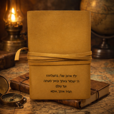 ספר תהילים מעור עם חריטה אישית על רקע חמים של קדושה ויוקרה