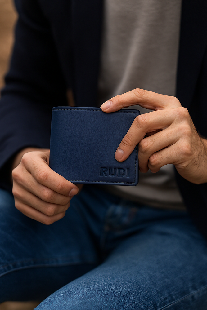 ארנק לגבר מעור חום של RUDI ביד של גבר אלגנטי