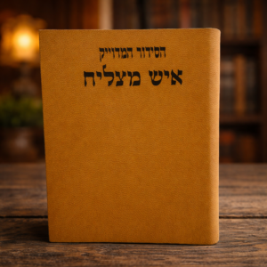 סידור מהודר מעור בצבע חום עם הטבעה איש מצליח על רקע חמים של ספרייה