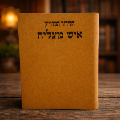 סידור מהודר מעור בצבע חום עם הטבעה איש מצליח על רקע חמים של ספרייה