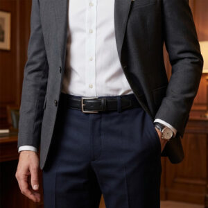 גבר בלבוש אלגנטי הכולל ז'קט אפור, חולצה לבנה מחויטת, מכנסיים כחולים וחגורת עור שחורה עם אבזם כסוף.