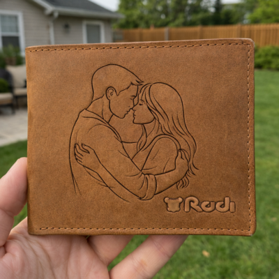 ארנק עור חום Rudi עם חריטת לייזר זוג אוהבים בקווי מתאר