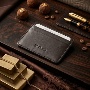 ארנק כרטיסי אשראי חום מעור איטלקי יוקרתי בעיצוב דק על רקע עץ ואביזרים.