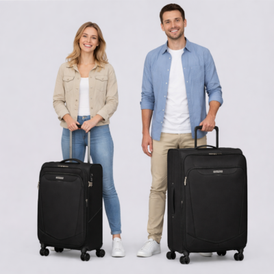 זוג צעיר, גבר ואישה, עומדים ומחזיקים סט של שתי מזוודות בד שחורות של המותג American Tourister בגדלים שונים על רקע סטודיו נקי.