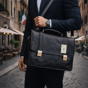 תיק עסקים מעור איטלקי שחור Old Angler Italy על גבר באיטליה, צילום קטלוג עם מיקוד בתיק
