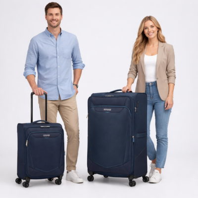 שני אנשים אוחזים במזוודות American Tourister כחולות – טרולי עלייה למטוס ומזוודה גדולה