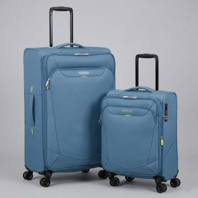 סט מזוודות American Tourister SummerRide בצבע כחול – מזוודה גדולה וטרולי עלייה למטוס