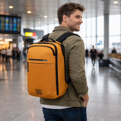 גבר הולך בשדה תעופה עם תיק גב סמסונייט Moderny בצבע חרדל למחשב נייד 15.6 אינץ'