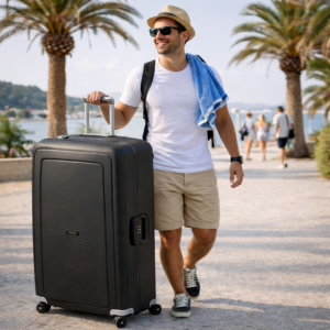 גבר מטייל עם מזוודה שחורה גדולה בדרך לחופשה באווירת קיץ