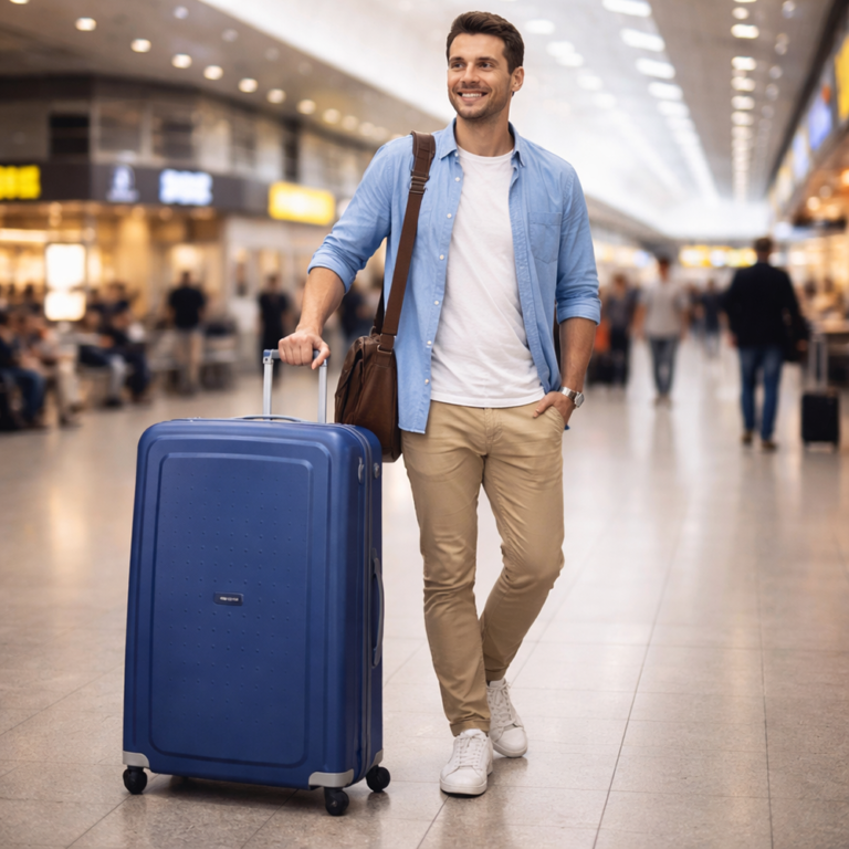 גבר צעיר ומסוגנן גורר מזוודת טרולי כחולה בשדה תעופה מודרני, בדרך לנסיעת עסקים או חופשה.