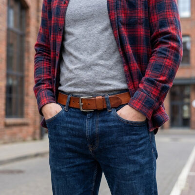 גבר לובש חולצה מכופתרת בצבע תכלת, מכנסי צ'ינו כחולים וחגורת עור חומה כהה עם אבזם כסוף מלבני.