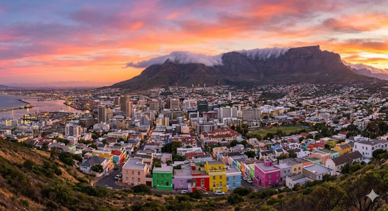 נוף פנורמי מרהיב של קייפטאון והר השולחן בשקיעה דרום אפריקה