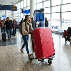 נוסעים בשדה תעופה עם מזוודה אדומה גדולה בדרכם לטיסה