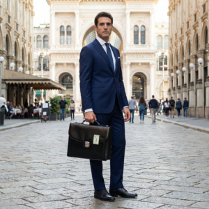 גבר לבוש בחליפה כחולה מחויטת מחזיק תיק עסקים מעור ברחוב אירופאי קלאסי.