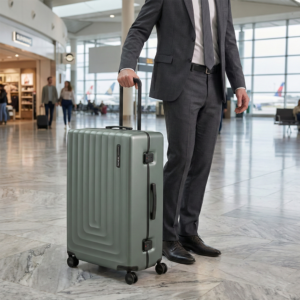 איש עסקים בחליפה עומד בטרמינל של שדה תעופה ואוחז בידית של מזוודת סמסונייט קשיחה בצבע ירוק-זית עם דוגמת מלבנים מדורגים.