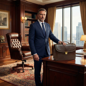 איש עסקים בחליפה כחולה עומד במשרד יוקרתי ומחזיק תיק עור על שולחן עץ.