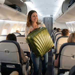 אישה מחייכת מרימה מזוודת טרולי קשיחה בצבע ירוק לתא המטען שמעל המושבים בתוך מטוס נוסעים.