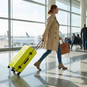אישה הולכת בטרמינל של שדה תעופה ומושכת מזוודת סמסונג קשיחה בצבע צהוב ליים בולט.