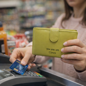 אישה משתמשת בארנק עור בצבע ירוק פיסטוק עם חריטה בולטת של המותג RUDI בזמן תשלום בכרטיס אשראי בקופה.