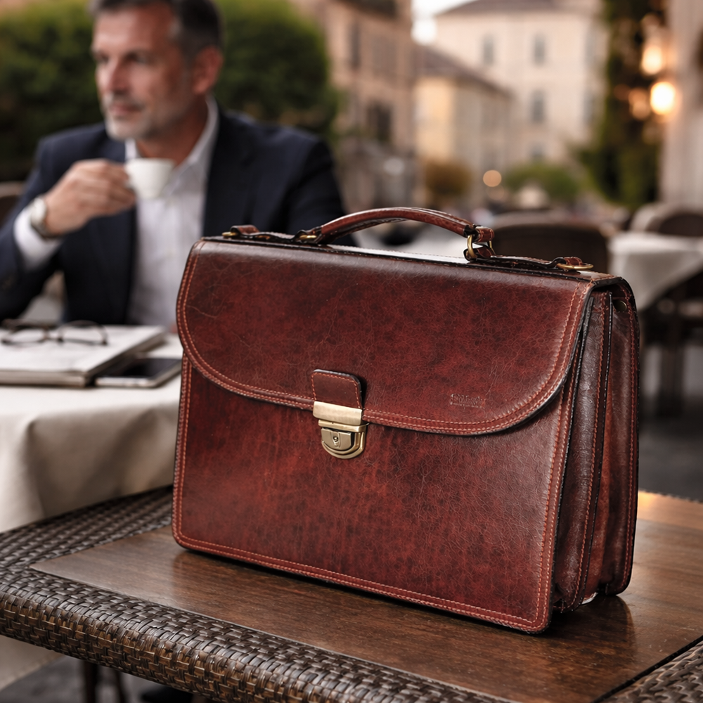תיק מנהלים מעור Old Angler Italy בצבע חום קלאסי עם רוכסנים ותאים לעבודה