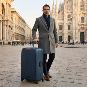 גבר איטלקי לבוש במעיל אפור אוחז במזוודה כחולה של סמסונייט בכיכר הדואומו במילאנו.