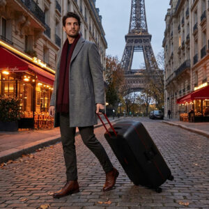 גבר לבוש במעיל צמר אפור וצעיף בורדו מושך מזוודת סמסונייט שחורה עם נגיעות אדומות ברחוב מרוצף בפריז, כשמגדל אייפל ניצב ברקע.